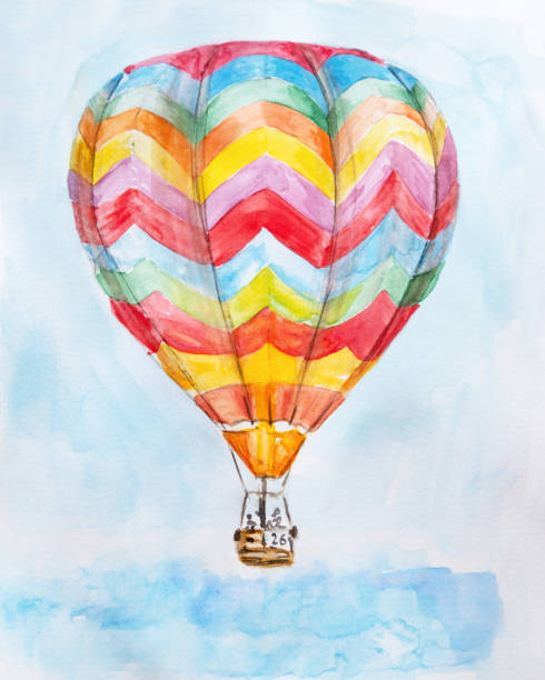 Hand drawn watercolor illustration of hot air balloon in blue sky Freedom or transportation concept. Hand drawn watercolor illustration of a hot air balloon in blue sky watercolor hot air balloon stock illustrations