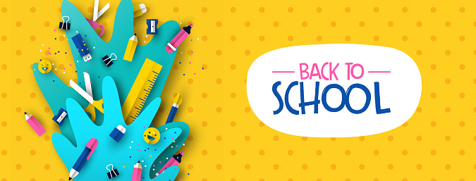 Back to school banner illustration of colorful 3d papercut children supplies on bright color background. Fun kids event design, paper cut icons include happy emoji, pencil, pen, scissors.