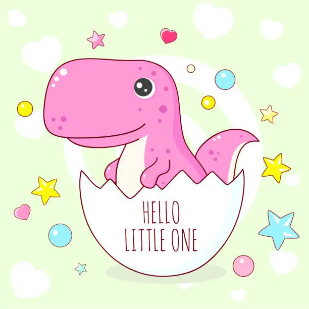 Vector illustration of Birthday card with cute dinosaur baby in eggshell