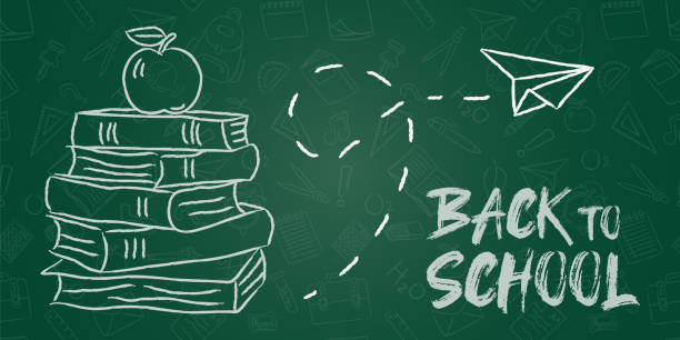 학교 보드 배너 분필 책과 사과로 돌아가기 - blackboard book education back to school stock illustrations