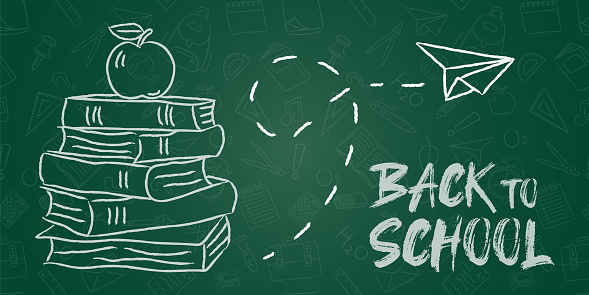 Back to school banner illustration of chalk hand drawn books and apple on chalkboard background for education concept.