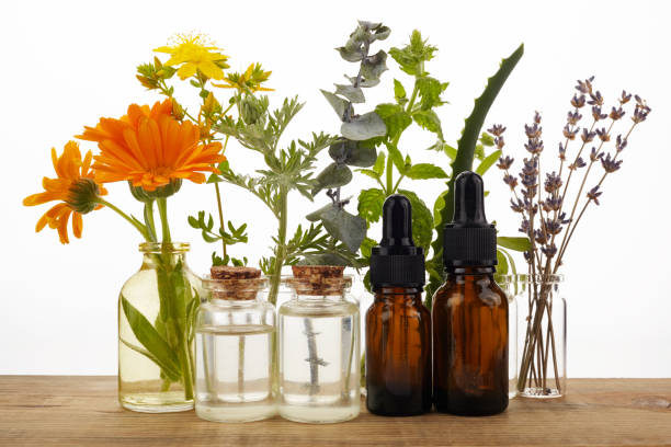 istock Essential oils with herbs and flowers on wooden table 1165564083