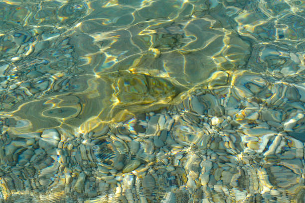 beautiful colorful pebbles and big stone under turquoise blue clear water, scenic marine background or texture, top view - ocean scenic flash imagens e fotografias de stock