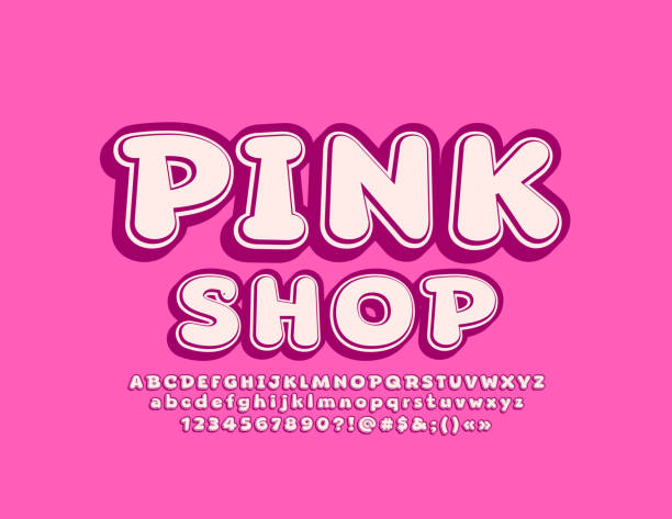 ilustrações de stock, clip art, desenhos animados e ícones de vector emblem pink shop with cute 3d font. trendy bright alphabet - store make up cosmetics teenage girls