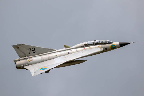 Linköping, Sweden-August 27, 2016: 90th anniversary of the Swedish Air Force.  Saab AJS-37  Viggen, 7098, 52, AJS-37 Viggen, 3rd generation Swedish  jetfighter Military id: mil s/n 37098 ore Swedish Air Force Heritage Flight. c/n 37-098. Last  Viggen retired from Swedish Air Force  26nd of june 2007.