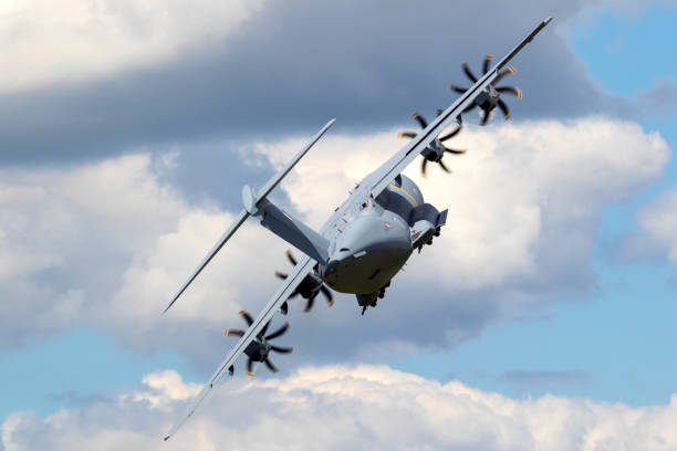 Le Bourget Paris - Jun 21, 2019: French Air Force Airbus A400M military transport plane taking off from Le-Bourget airport.