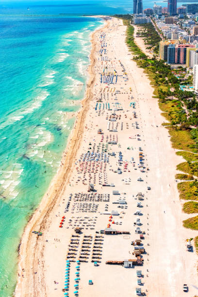 South Beach Miami Aerial Aerial view of Miami's famous South Beach community from about 800 feet overhead. florida beach above stock pictures, royalty-free photos & images