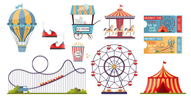 ilustraciones, imágenes clip art, dibujos animados e iconos de stock de conjunto vectorial de parque de atracciones con elementos planos aislados sobre fondo blanco. - rollercoaster carnival amusement park carousel