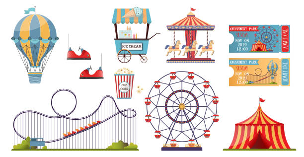 zestaw wektorowy parku rozrywki z płaskimi elementami izolowanymi na białym tle. - amusement park illustrations stock illustrations