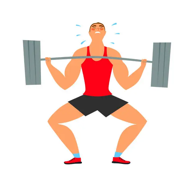 Vector illustration of Strong man with heavy barbell struggle doing exercise.