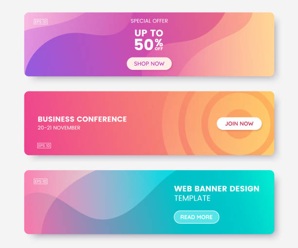 spanduk web berwarna-warni dengan tombol tekan. koleksi spanduk promosi horizontal dengan warna gradien pastel dan latar belakang geometris abstrak. desain header. template kupon yang semarak. vektor eps 10 - horizontal komposisi ilustrasi stok