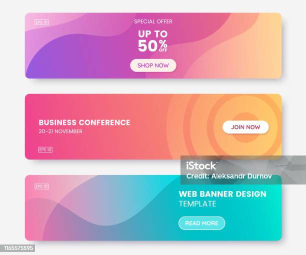 プッシュボタン付きのカラフルなウェブバナーパステルグラデーションカラーと抽象的な幾何学的背景を持つ水平プロモーションバナーのコレクションヘッダーデザイン鮮やかなクー - ウェブバナーのベクターアート素材や画像を多数ご用意