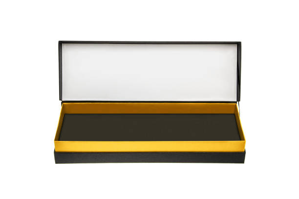 istock A small open black paper box with a yellow stripe for a gift. Gift wrapping isolate on white background. 1165576450