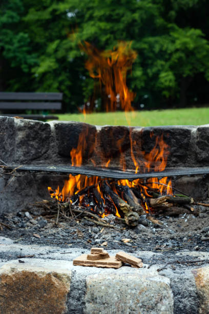 istock starting kindling for a fire in the background of a flame. 1165577530
