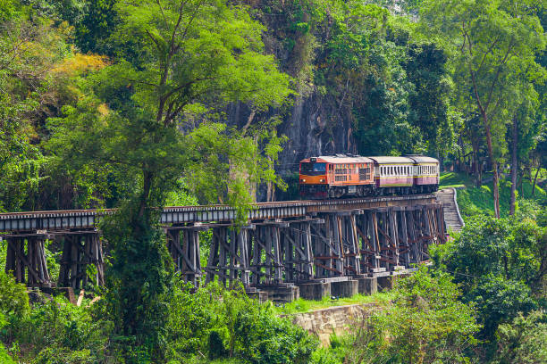 死の鉄道、タイの鉄道、第二次世界大戦の歴史的な鉄道、クワイノイ川の美しい景色の写真を撮る電車の中で多くの観光客と死の鉄道として知られています - kanchanaburi province train thailand diesel ストックフォトと画像