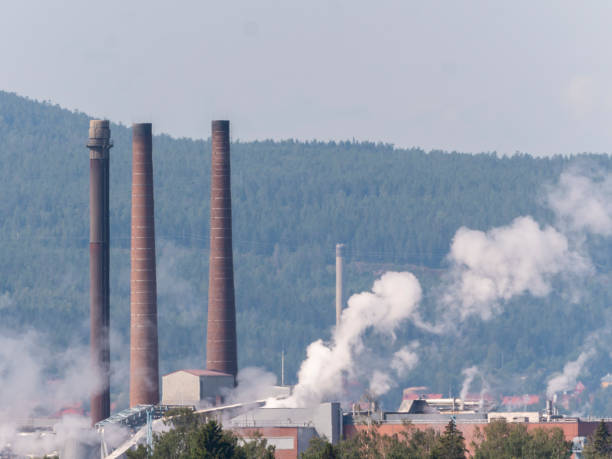 skorstenen från fabriken med rök och föroreningar rykande ut - sundsvall bildbanksfoton och bilder