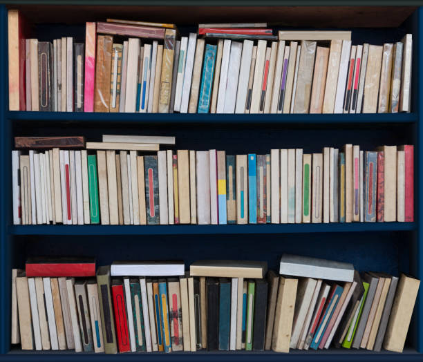 istock Blue bookshelf with many old books 1165585345