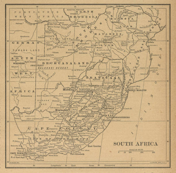 South Africa Antique Victorian Engraved Colored Map, 1899 Very Rare, Beautifully Illustrated Antique Victorian Engraved Colored Map of South Africa Antique Victorian Engraved Colored Map, 1899. Source: Original edition from my own archives. Copyright has expired on this artwork. Digitally restored. cape peninsula stock illustrations