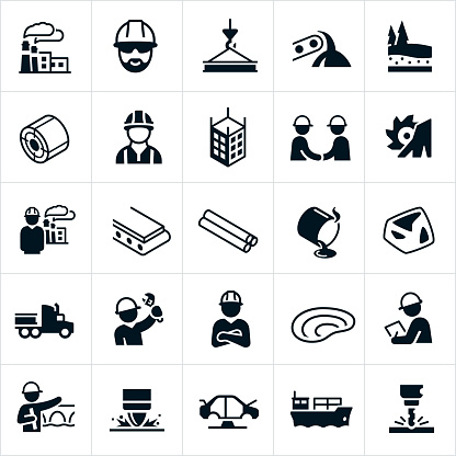 A set of icons representing the steel industry. The icons include a steel manufacturing plant, blue collar workers working and wearing hard hats, steel alloy, steel beams, sheets of steel, steel rods, a building made of steel, manufacturing of steel, a smelter, the transportation by truck and barge of steel products and other related icons. They also show the raw materials used to make steel and include iron and carbon and the mining process for these materials.
