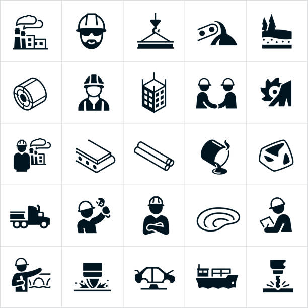 Steel Industry Icons A set of icons representing the steel industry. The icons include a steel manufacturing plant, blue collar workers working and wearing hard hats, steel alloy, steel beams, sheets of steel, steel rods, a building made of steel, manufacturing of steel, a smelter, the transportation by truck and barge of steel products and other related icons. They also show the raw materials used to make steel and include iron and carbon and the mining process for these materials. rebar production stock illustrations