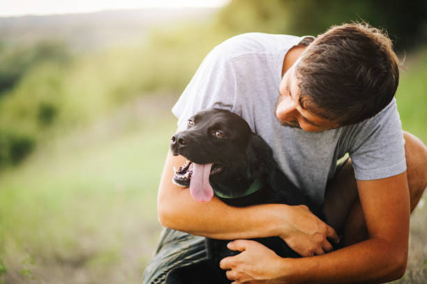 Guy and his dog having a fun in the nature