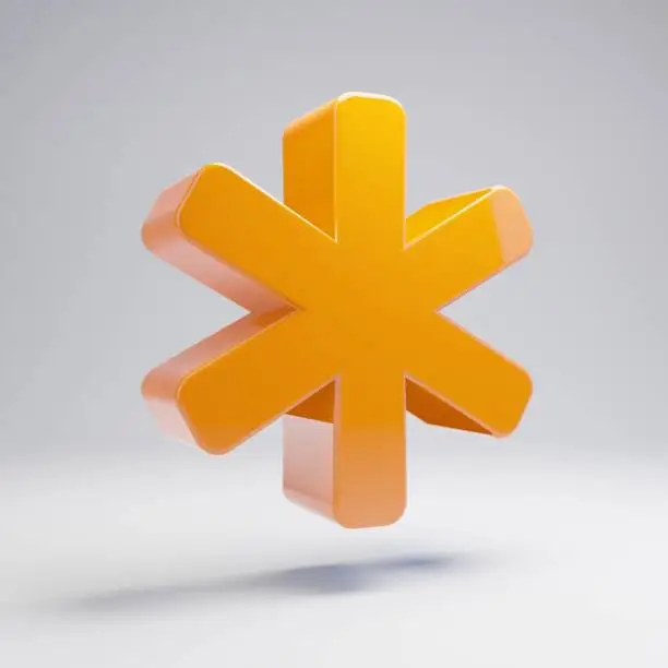 Volumetric glossy hot orange Asterisk icon isolated on white background. 3D rendered digital symbol. Modern icon for website, internet marketing, presentation, logo design template element.