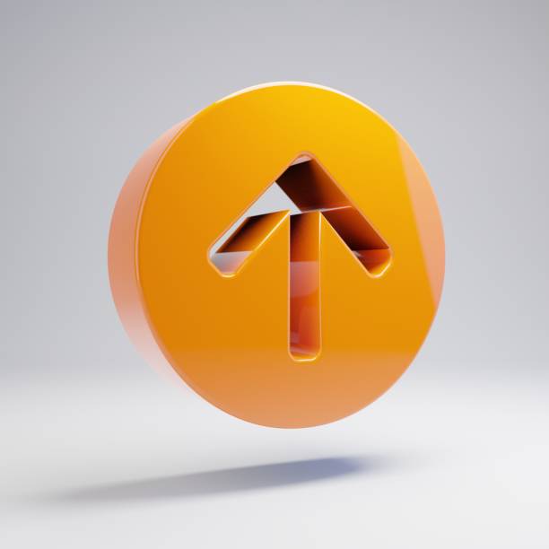 Volumetric glossy hot orange Arrow Circle Up icon isolated on white background. 3D rendered digital symbol. Modern icon for website, internet marketing, presentation, logo design template element.