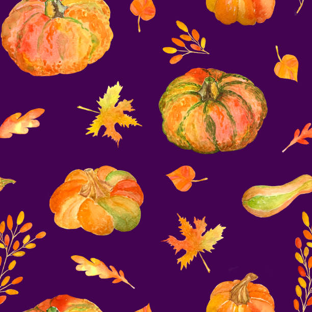 Watercolor seamless pattern with pumpkins and autumn leaves Watercolor seamless pattern with pumpkins and autumn leaves on purple background digital composite nobody floral pattern flower stock illustrations
