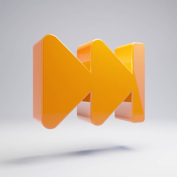 Volumetric glossy hot orange Fast Forward icon isolated on white background. 3D rendered digital symbol. Modern icon for website, internet marketing, presentation, logo design template element.