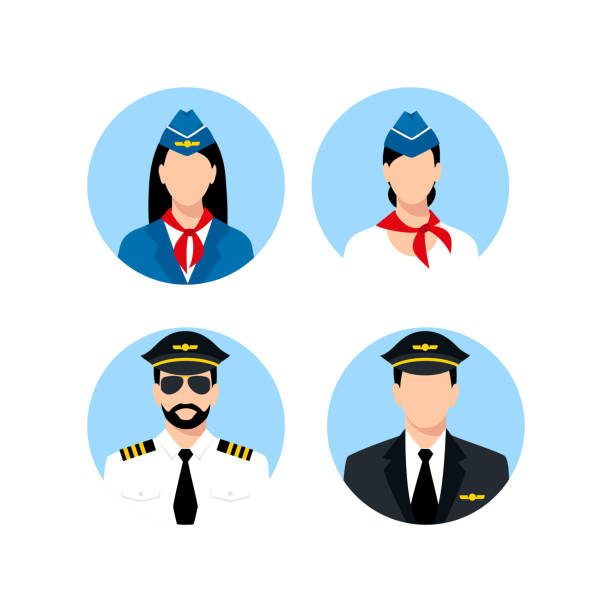 illustrazioni stock, clip art, cartoni animati e icone di tendenza di vettore icone pilota e hostess - pilot