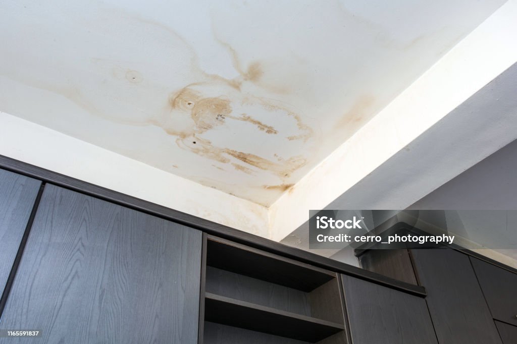 Roof leakage, water dameged ceiling roof and stain on ceiling Roof leakage, water dameged ceiling roof and stain on ceiling close-up Water Stock Photo