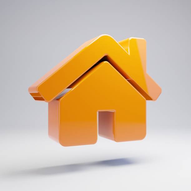 Volumetric glossy hot orange Home icon isolated on white background. 3D rendered digital symbol. Modern icon for website, internet marketing, presentation, logo design template element.