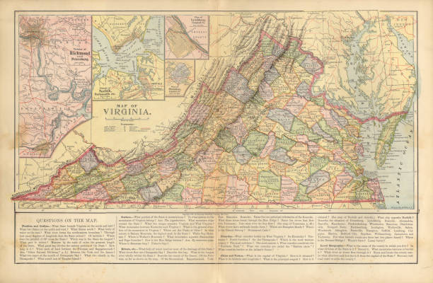 State of Virginia Antique Victorian Engraved Colored Map, 1899 Very Rare, Beautifully Illustrated Antique Victorian Engraved Colored Map of The State of Virginia Antique Victorian Engraved Colored Map, 1899. Source: Original edition from my own archives. Copyright has expired on this artwork. Digitally restored. norfolk stock illustrations