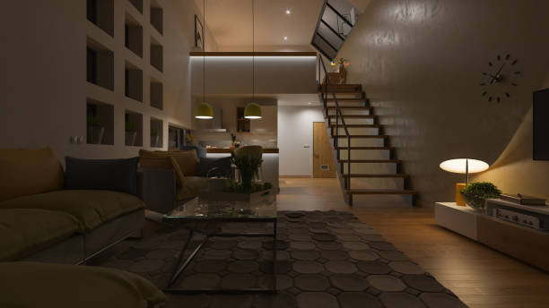 dimly illuminated open plan house with a mezzanine at night - soft lighting imagens e fotografias de stock