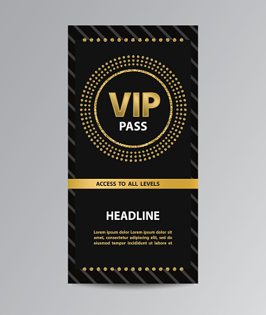 Black VIP pass admission flyer template with golden glittering ring.