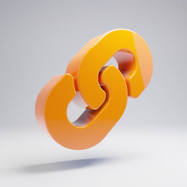 Volumetric glossy hot orange Link icon isolated on white background. 3D rendered digital symbol. Modern icon for website, internet marketing, presentation, logo design template element.