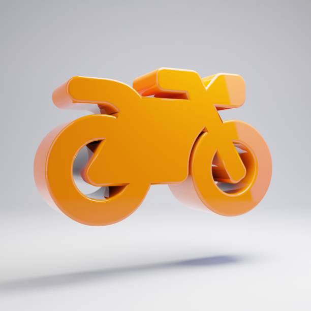 Volumetric glossy hot orange Motorcycle icon isolated on white background. 3D rendered digital symbol. Modern icon for website, internet marketing, presentation, logo design template element.