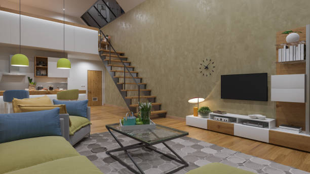 istock Illuminated and Decorated Lounge and Kitchen in an Open Plan House 1165598537