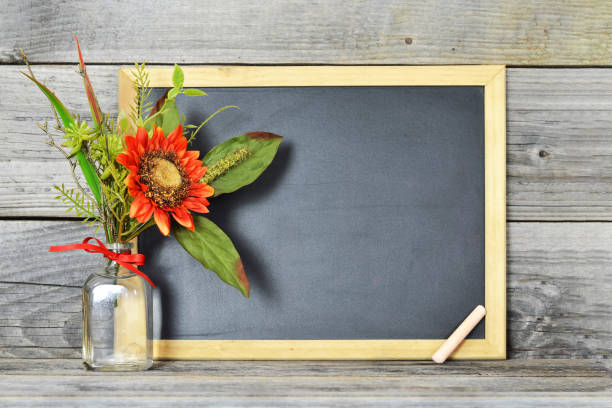 istock Blank blackboard and sunflower in vase 1165598567