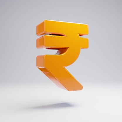 Volumetric glossy hot orange Rupee icon isolated on white background. 3D rendered digital symbol. Modern icon for website, internet marketing, presentation, logo design template element.