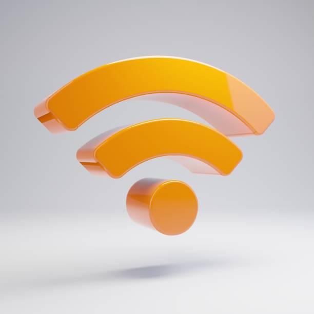Volumetric glossy hot orange wi-fi icon isolated on white background.