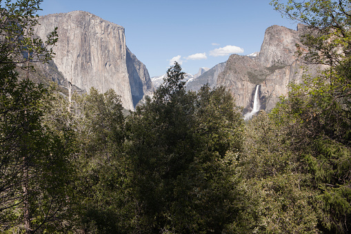 Yosemite national park landscape with El Capitan on the left and Bridal Veil falls to the right. California, USA.