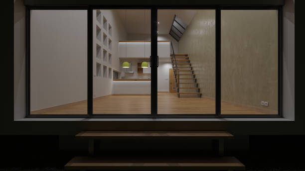 istock Open Plan House Behind the Sliding Doors at Night Unfurnished and Illuminated 1165604085