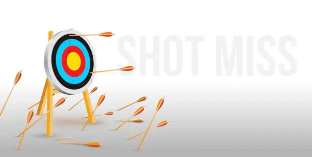 Vector illustration of Multiple failed inaccurate attempts to hit archery target. Flat cartoon shot miss. Many arrows missed hitting target mark. Business challenge failure metaphor. Vector illustration.