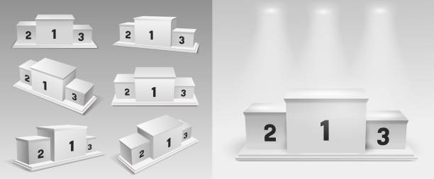 Set of white winners podium with spotlights. Pedestal. Vector illustration. Isolated on white background. Set of white winners podium with spotlights. Pedestal. Vector illustration. Isolated on white background. 2nd base stock illustrations