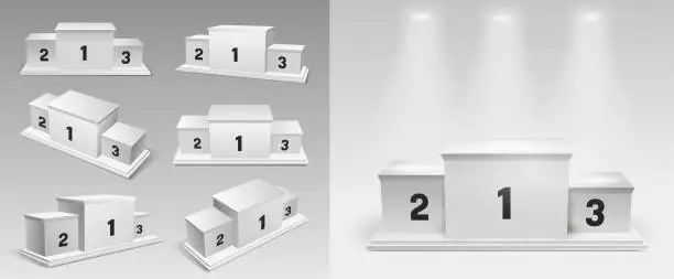 Vector illustration of Set of white winners podium with spotlights. Pedestal. Vector illustration. Isolated on white background.