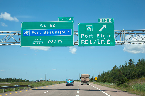 July 26,  2019: Aulac, New Brunswick: Signs on the Trans Canada highway in New Brunswick indicating the exits for Fort Beausejour and Prince Edward Island