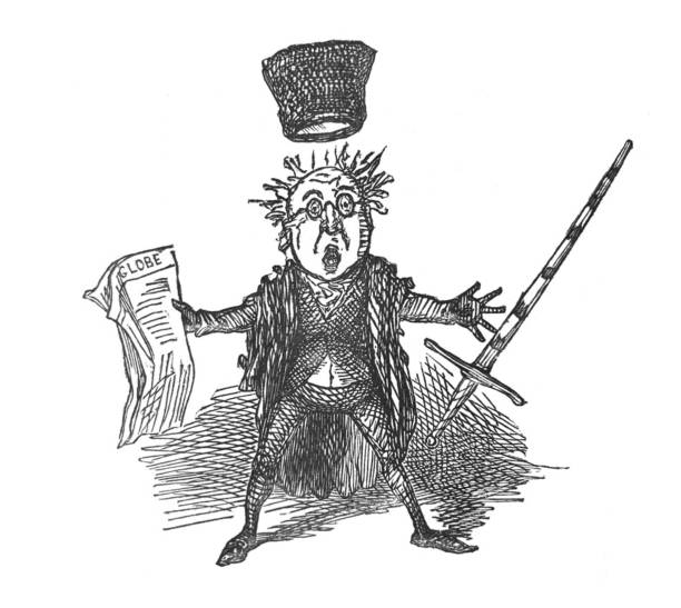 British satire comic cartoon caricatures illustrations - Surprised man with newspaper and sword From Punch's Almanack punch puppet stock illustrations