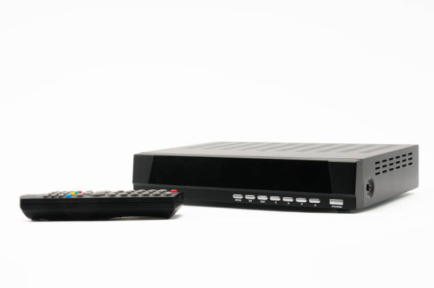 digital tv tuner with remote control on white background - remote television movie box imagens e fotografias de stock