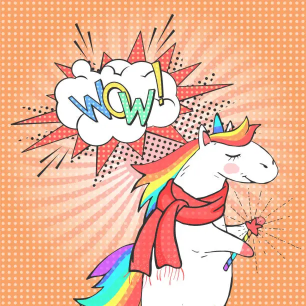 Vector illustration of Cartoon unicorn and speech bubble with text WOW! Poster, greeting card or invitation in comic style.
